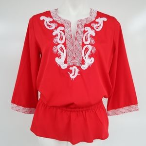 CHICO'S Bohemian Red/Orange Fitted Waist Top